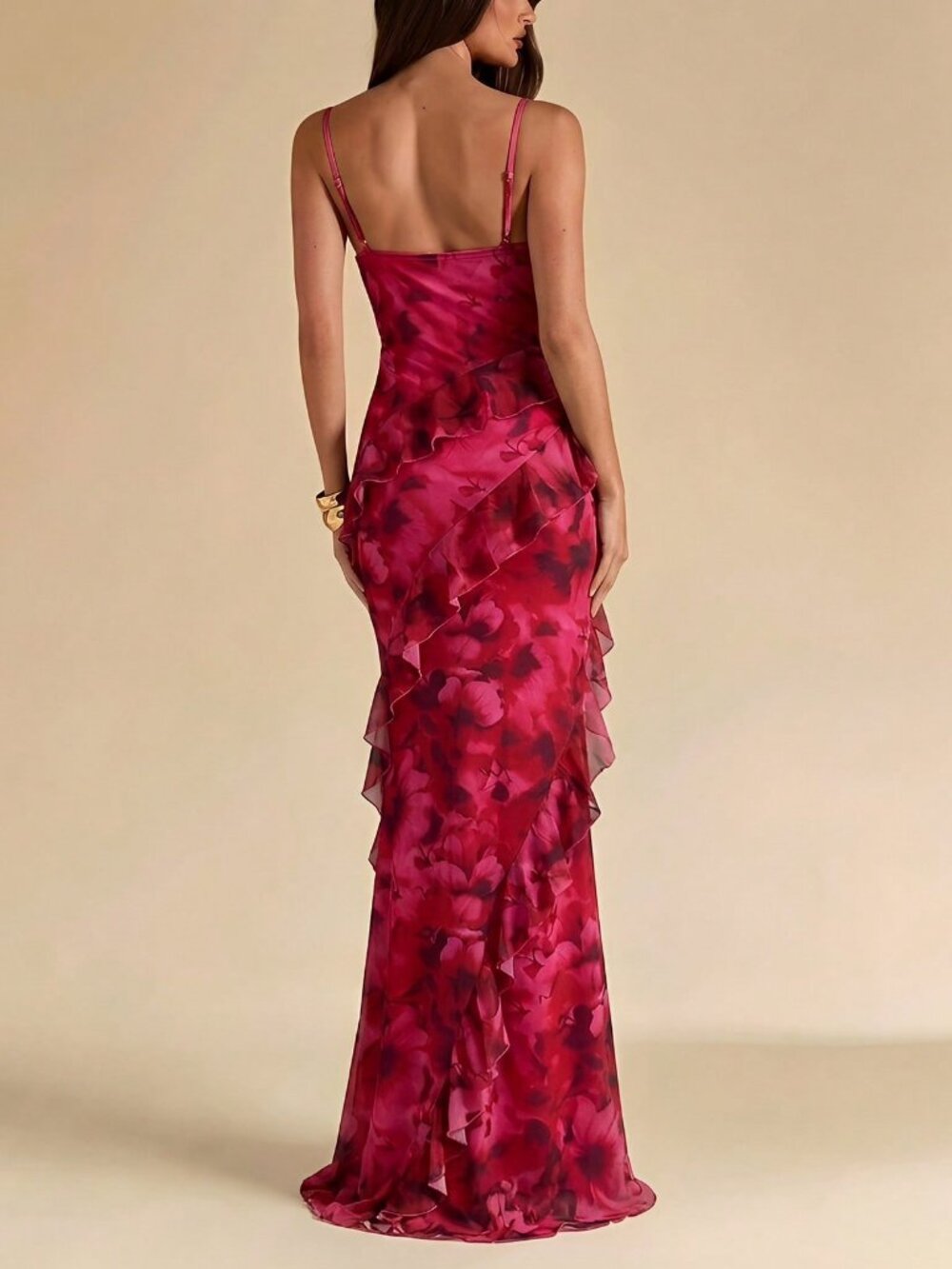 Pink Elegant Women's Fuchsia Floral Print Ruffled Draped Neck Fitted Maxi Dress - Picture 2 of 5